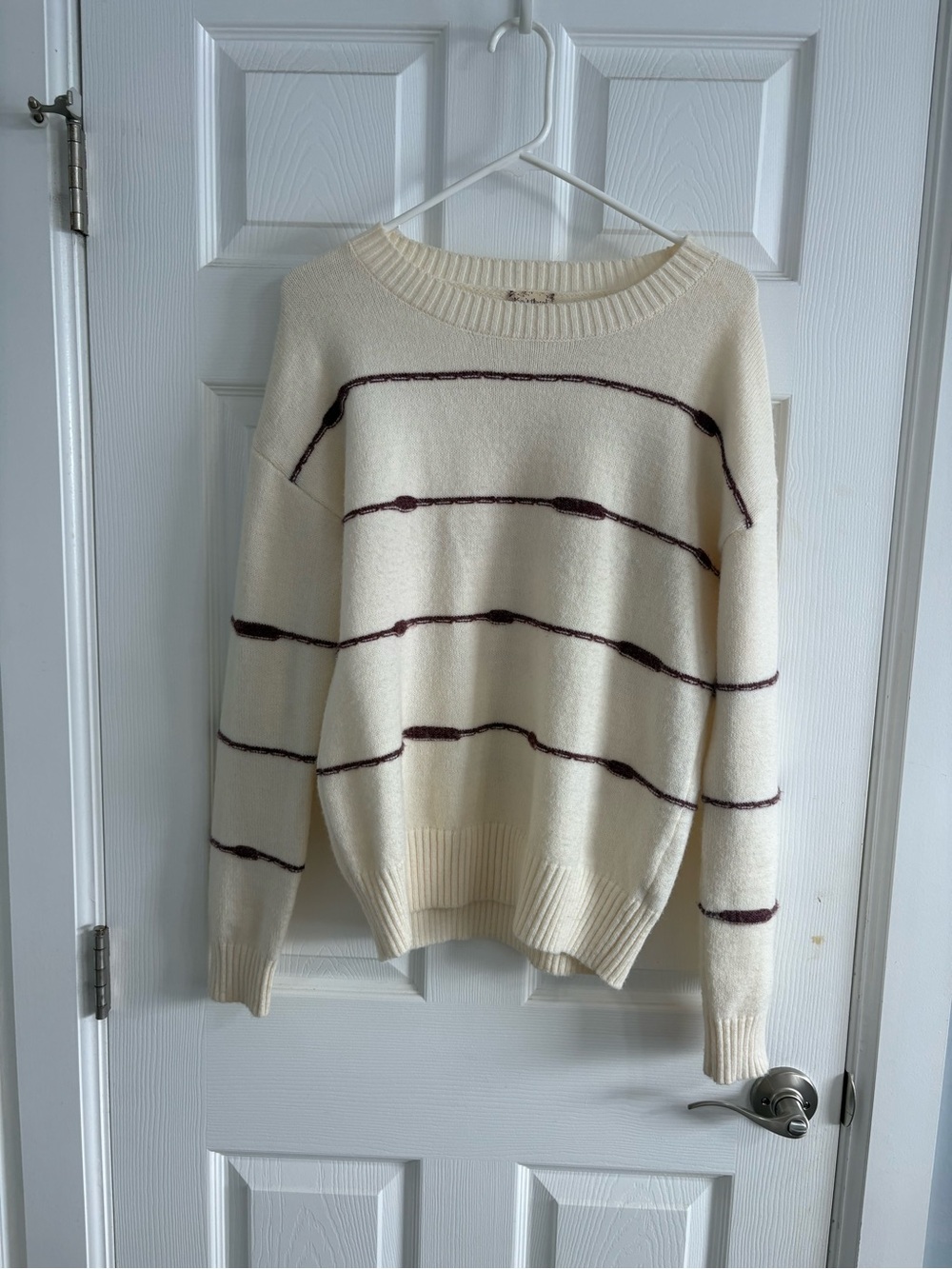Never been worn!!! Cream Crewneck Sweater with Burgundy Stripe Detail